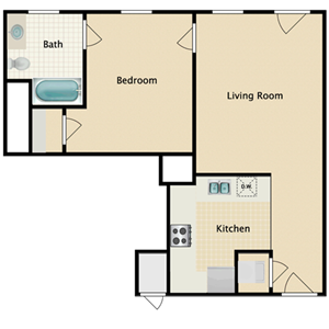 Floor plan for 1 bed, 1 bath, 692 sqft
